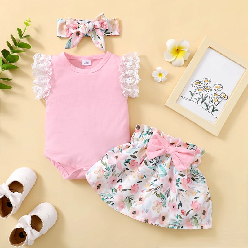 Infant Girl 3-piece Set: Fly-sleeve Romper, Floral Skirt, and Headband childrensterritory