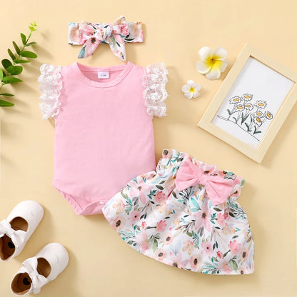 Infant Girl 3-piece Set: Fly-sleeve Romper, Floral Skirt, and Headband childrensterritory