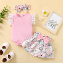 Infant Girl 3-piece Set: Fly-sleeve Romper, Floral Skirt, and Headband childrensterritory