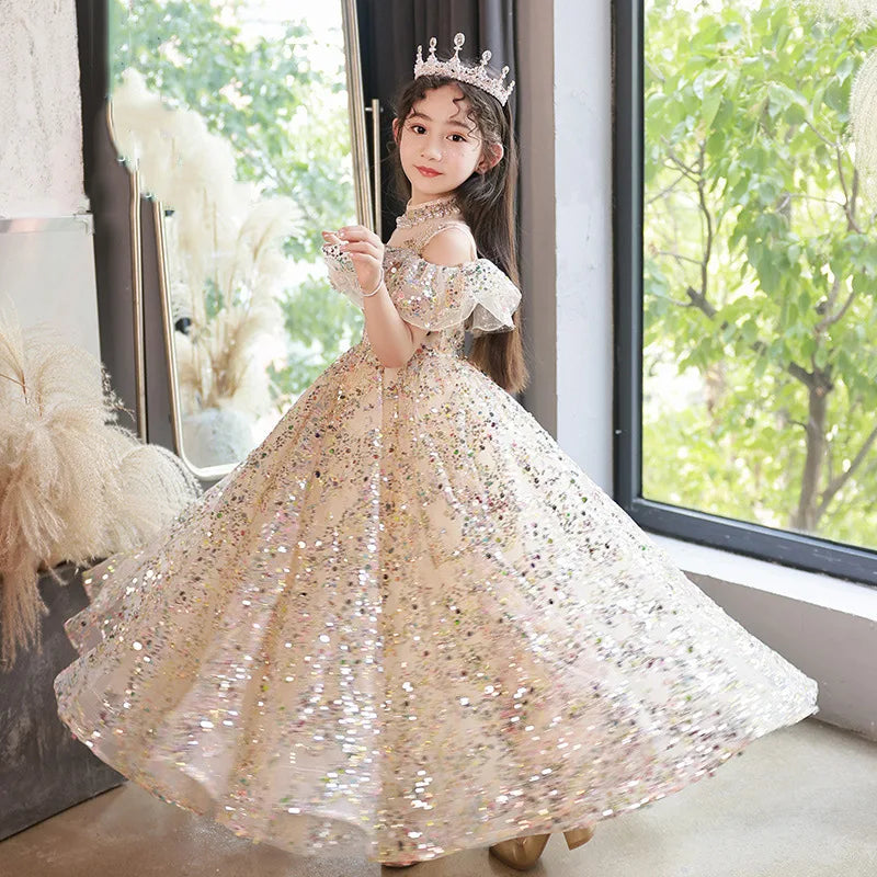 Kids Girls Fluffy Gauze Sequins Gown Evening Princess Dress childrensterritory