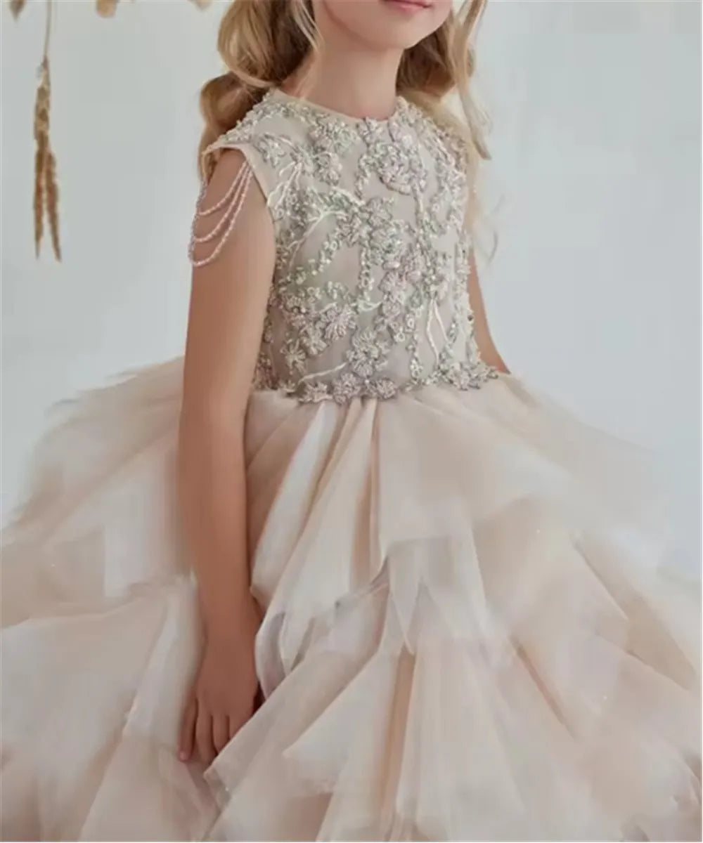 Kids Girls Puffy Long Tulle Beads Pageant Party Gown