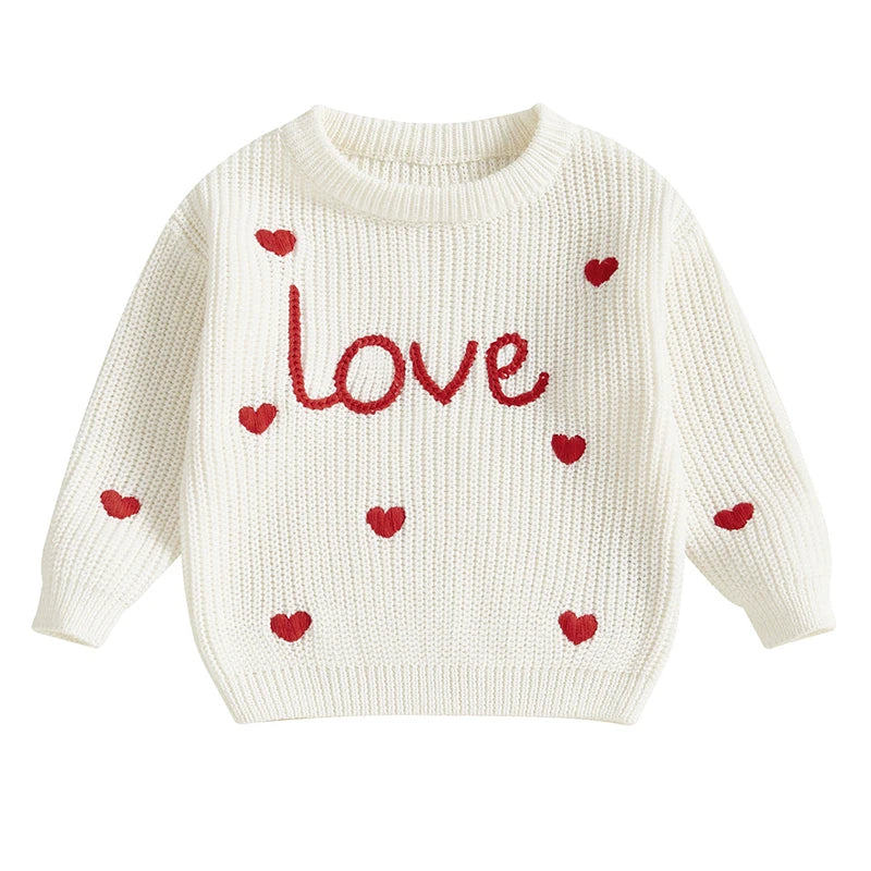 Baby Girl Heart Print Crew Neck Knitted Sweaters childrensterritory