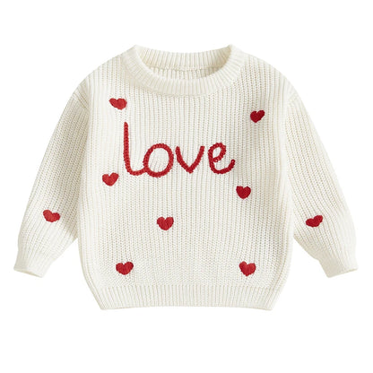 Baby Girl Heart Print Crew Neck Knitted Sweaters childrensterritory