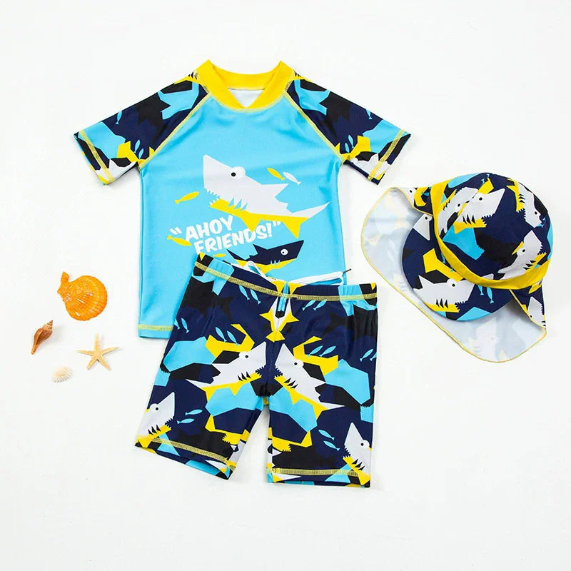 Cartoon Print Short Sleeve 3pcs Swimwear with Hat for Little Boys