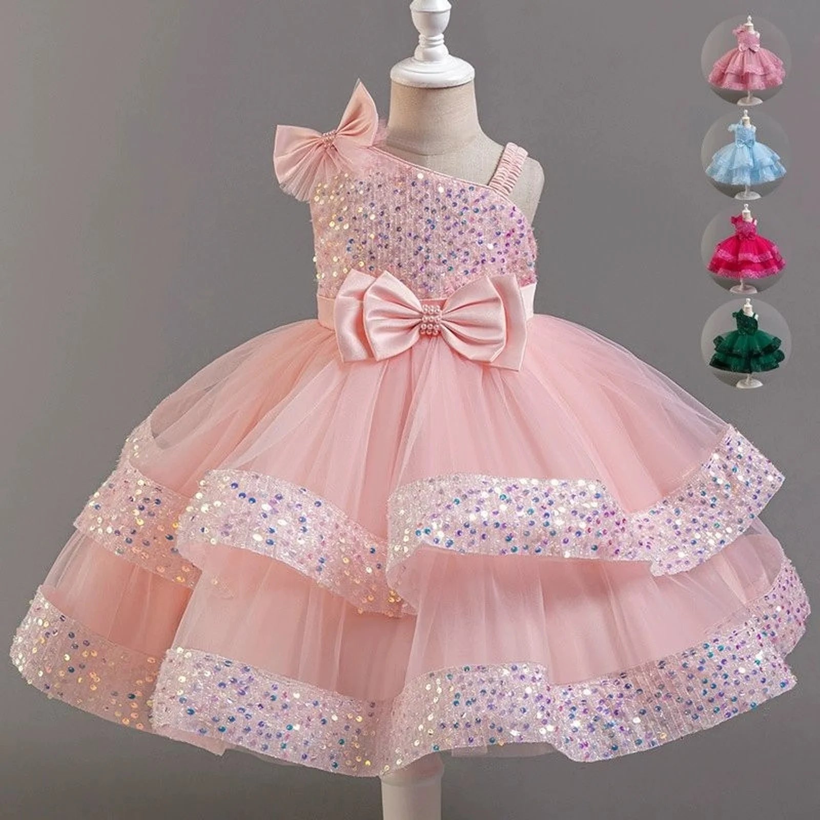 Kids Girls Sequins and Bow Design Birthday Party Flower Dresses