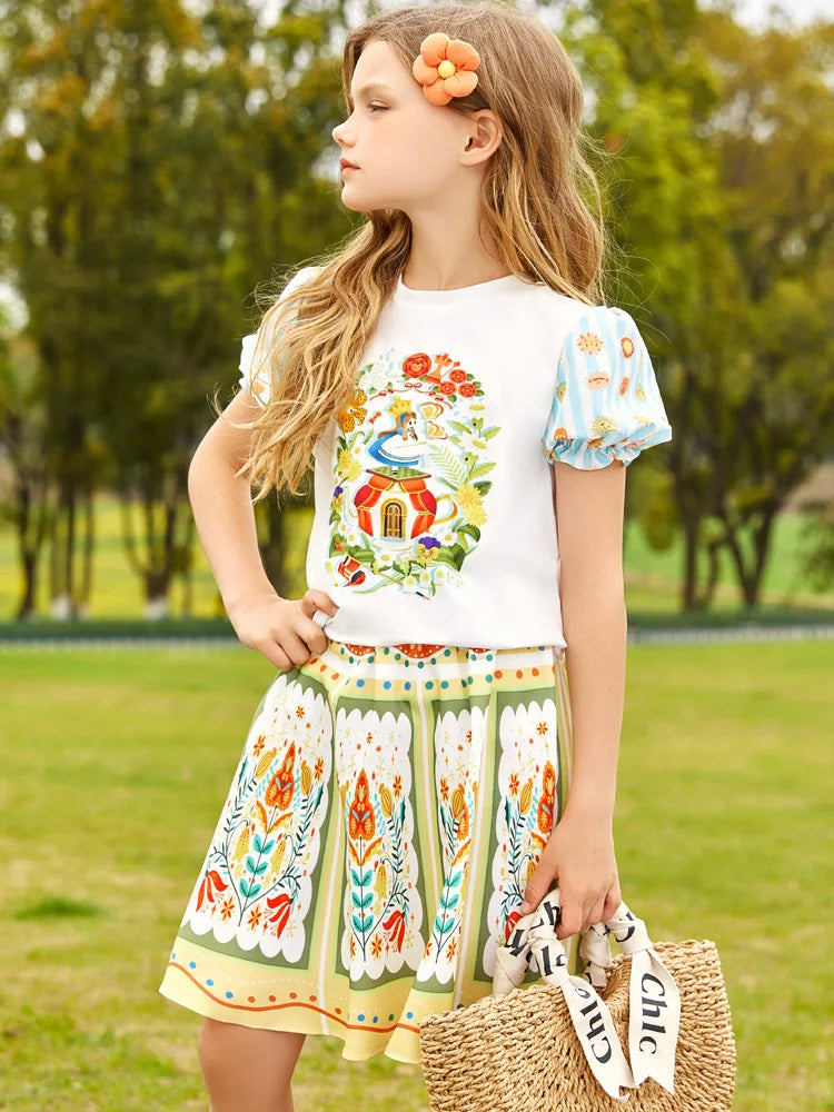 Kids Girls Cartoon Printed Top with Skirt Summer Set childrensterritory
