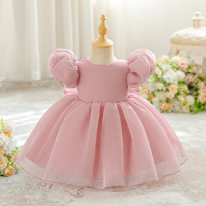 Little Girl Puff Sleeves Wedding Party Gown With Bow Puff Design