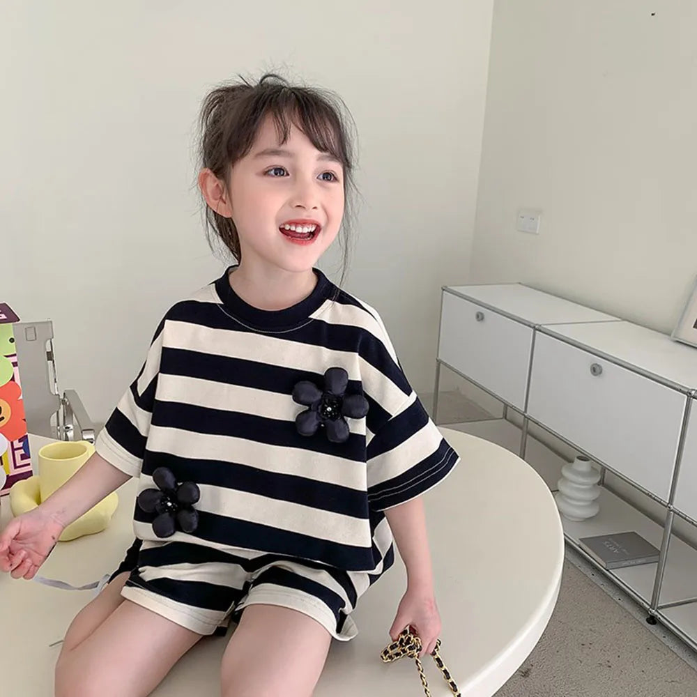 Kids Girls Short Sleeve Striped 2Pcs Casual Clothing Set childrensterritory