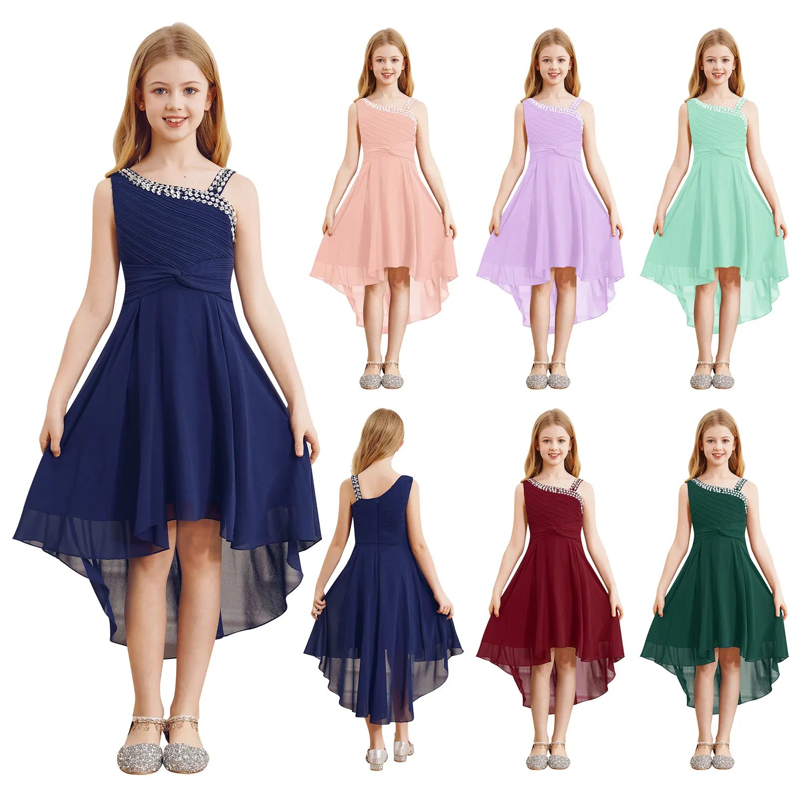 Kids Girls Ruched Twisted High-Low Summer Chiffon Dresses childrensterritory