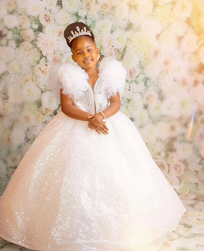 White Gltter Tulle Kids Pageant Dress for Party Prom Birthday childrensterritory