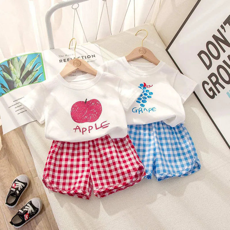 2Pcs Baby Girls Short Sleeved Tees and Plaid Shorts Outfit Set childrensterritory