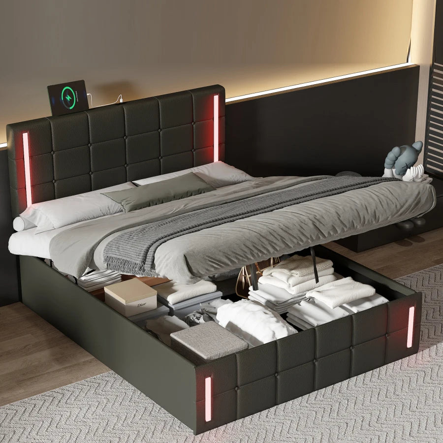 Space-Saving Full-Size Bed with LED Lights and Storage childrensterritory