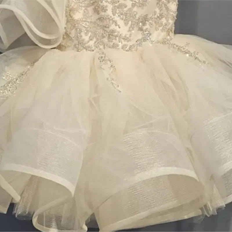 Little Girl Off Shoulder Floral Sequins Tulle Princess Party Dress