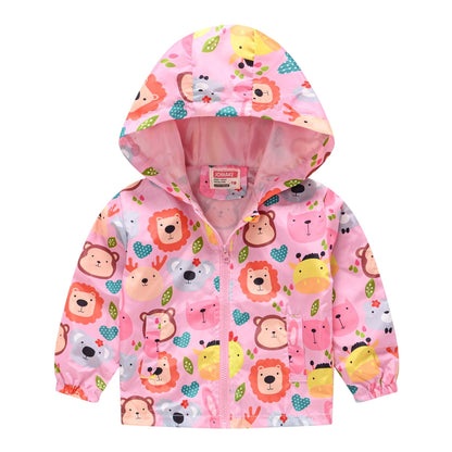 Kids Girls Colorful Cartoon Prints Windproof Hooded Jackets childrensterritory
