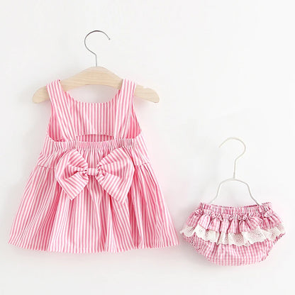Baby Girls Cute Sleeveless 2 Pieces Stripe Pattren Dress Set childrensterritory