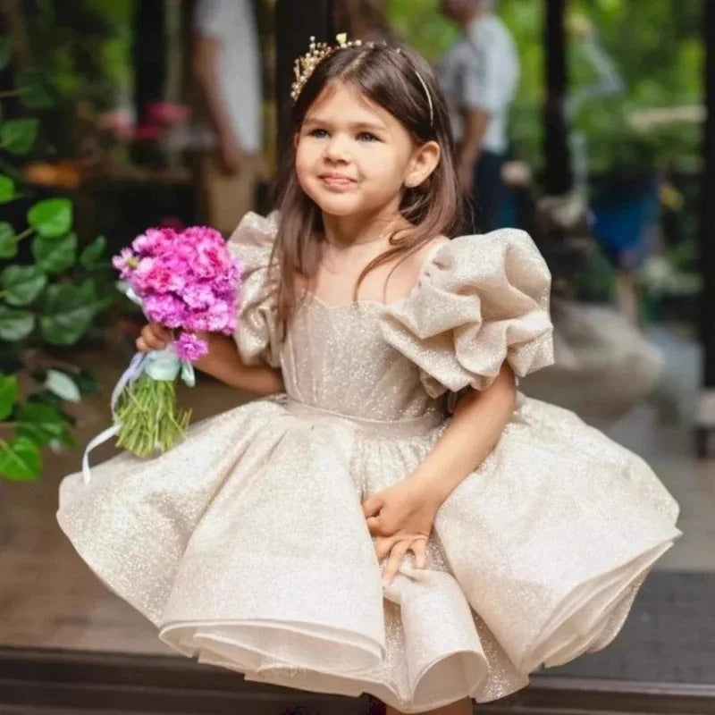 Kids Girl Shiny Puff First Communion Ruffle Dresses With Bow