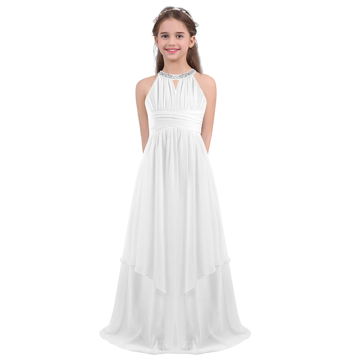 Kids Girls Halter Lace Design Chiffon Long Prom Ball Gowns
