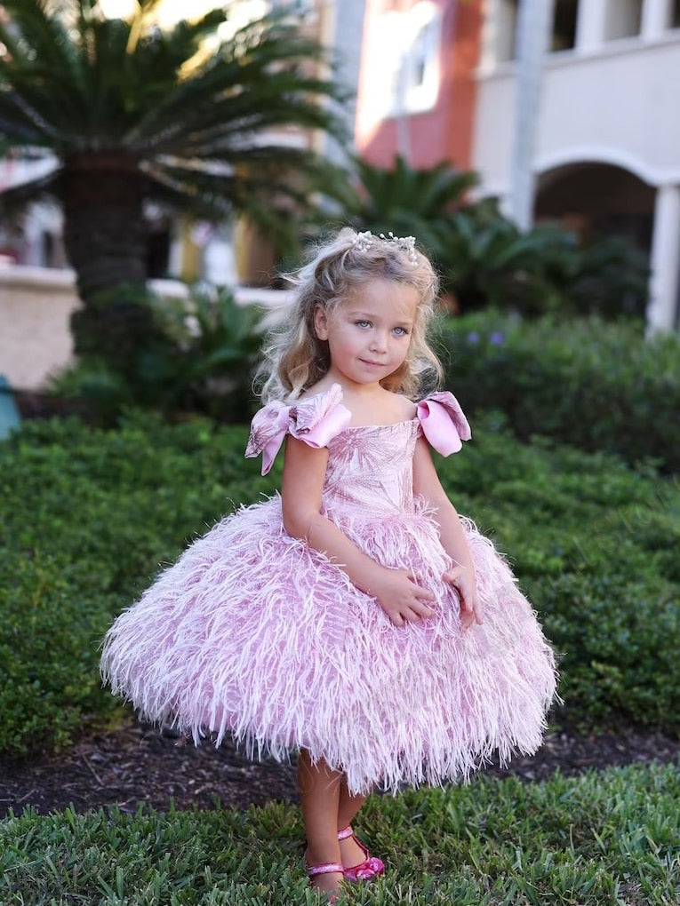 Kids Girls Pink Or Red Flower Dresses With Feathers for Birthday childrensterritory