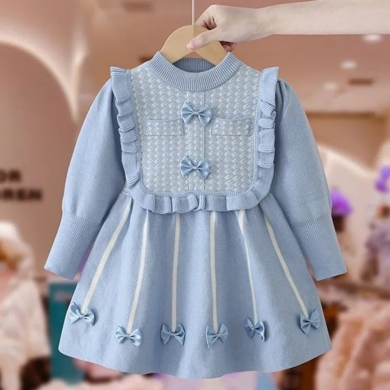 Girls' Long-Sleeved Bow-Design Winter Dresses