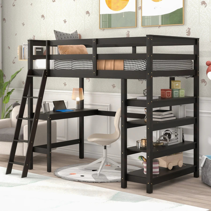 Stylish Kids Twin Loft Bed with Shelves, Desk, and Ladder childrensterritory