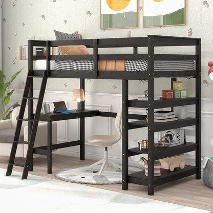 Stylish Kids Twin Loft Bed with Shelves, Desk, and Ladder childrensterritory