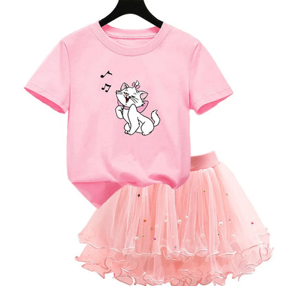 Kids Girls Marie Cat Design Summer T-shirt &amp; Tutu Skirt Set childrensterritory