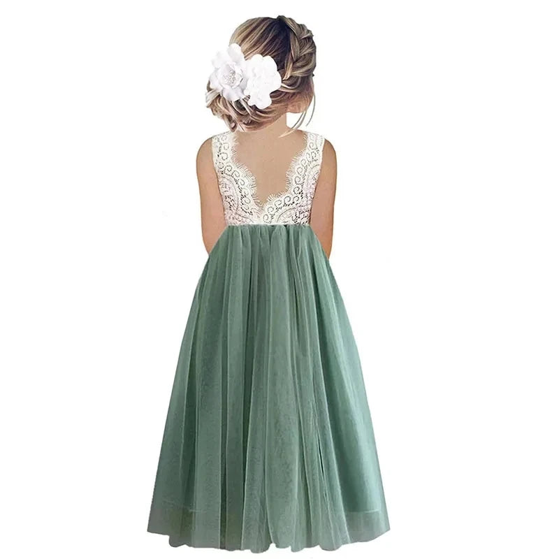 Kids Girls Flower Lace Design Princess Party Dresses for Summer childrensterritory