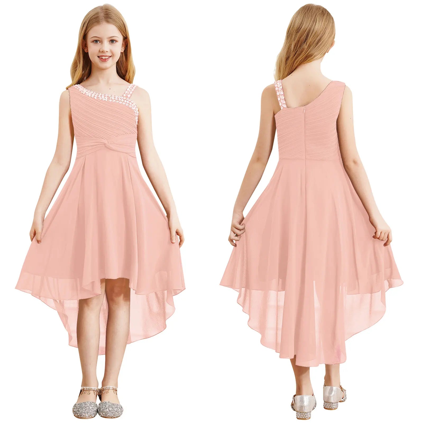 Kids Girls Ruched Twisted High-Low Summer Chiffon Dresses