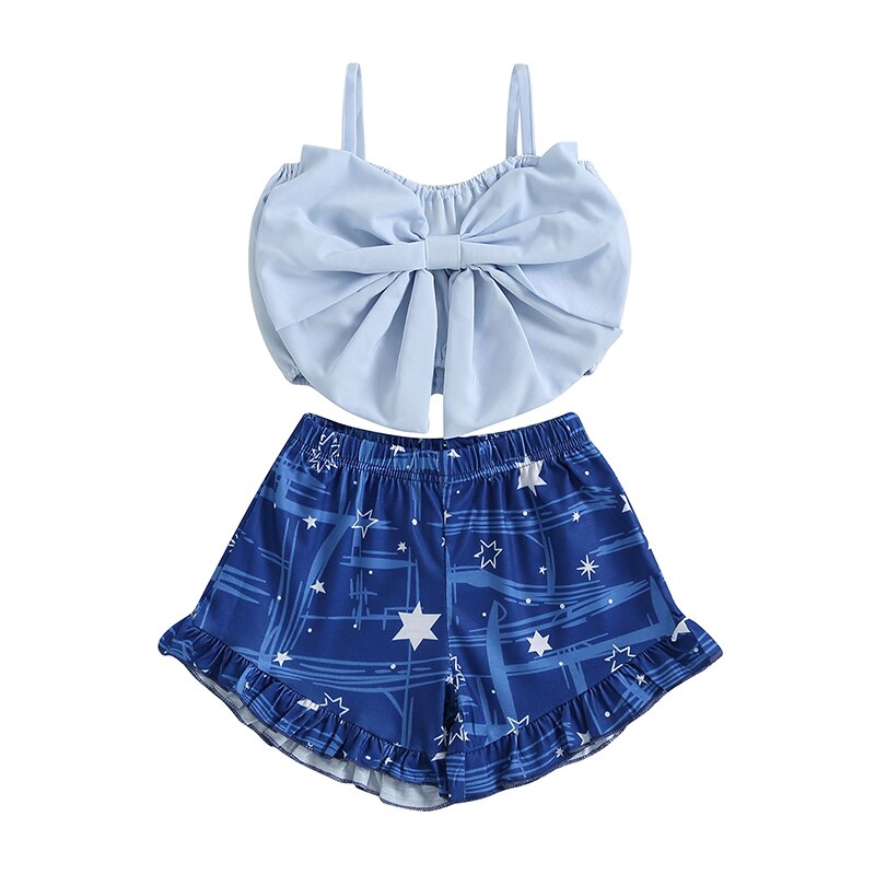 Kids Girl 2Pcs Big Bow Vest Top and Striped Floral Shorts Outfit childrensterritory