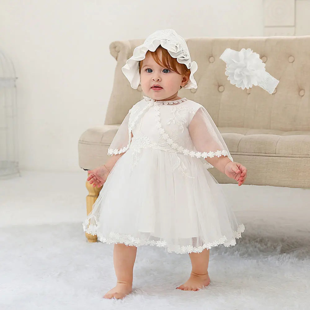 Little Girls Bow Lace Design White Baptism/Bridesmaid Dresses