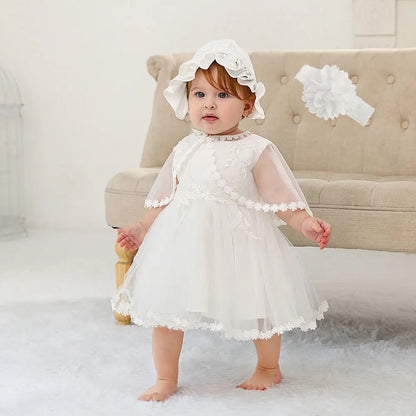 Little Girls Bow Lace Design White Baptism/Bridesmaid Dresses