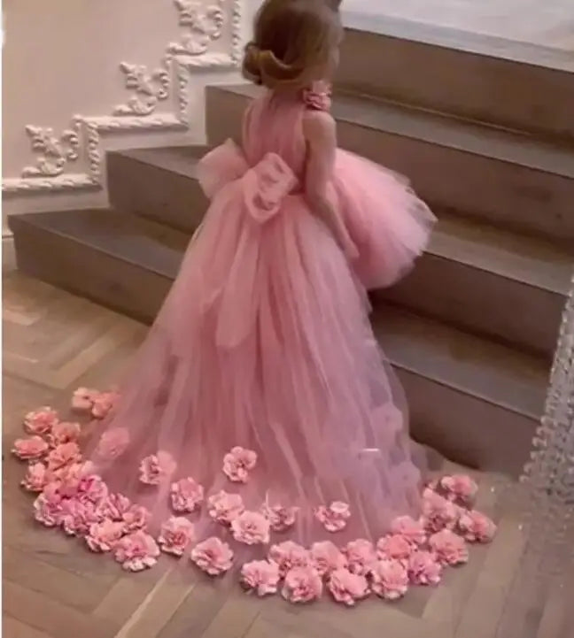 Puffy High Neck Kids Girls Party Dresses with Long Train childrensterritory