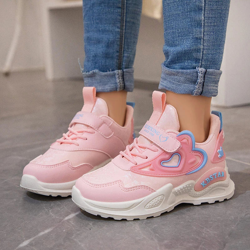 Heart-shaped Breathable Mesh Kids Girls Pink Sports Shoes