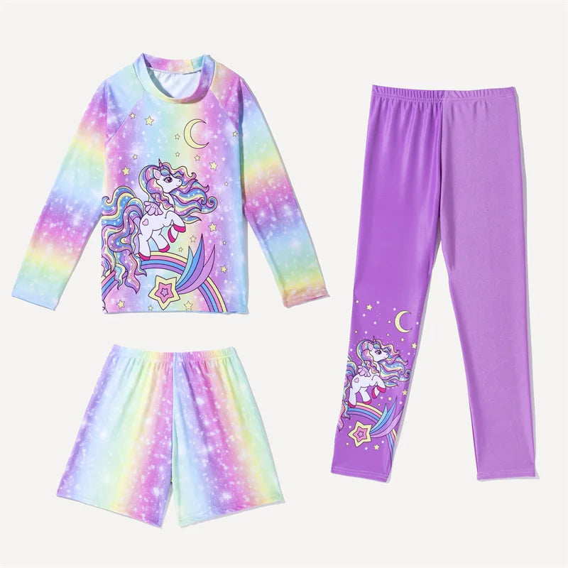 Long Sleeve Printed Sun Protection Kids 3 Piece Swimsuit