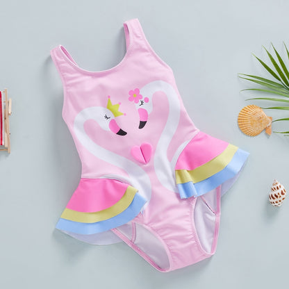 Swan Print Kid Girls Sleeveless Round Neck Beach Bodysuit childrensterritory