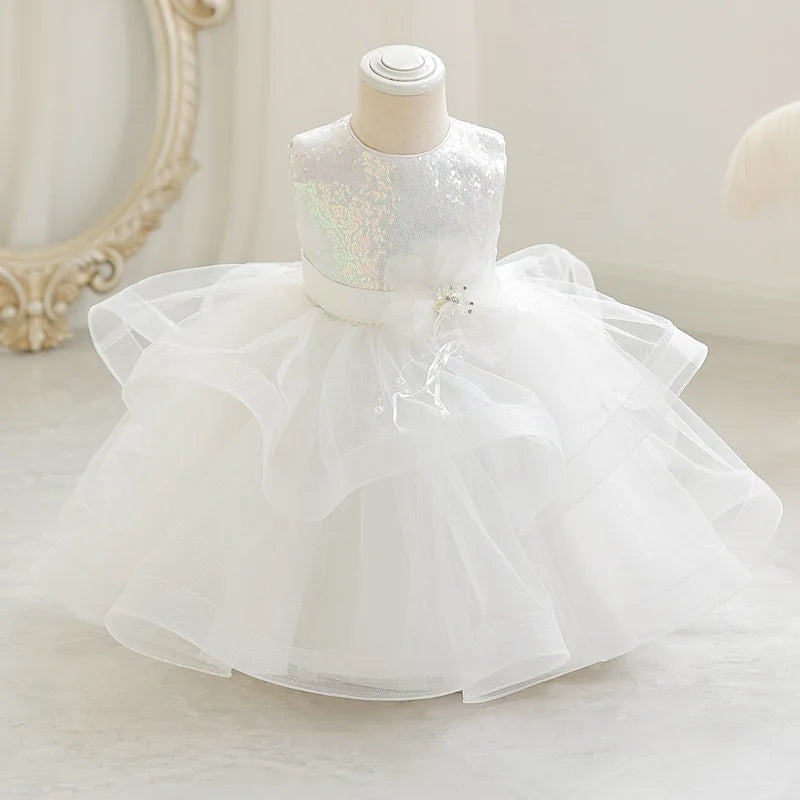 Kids Girl Fluffy Mesh Flower Dress for Baptism/Wedding