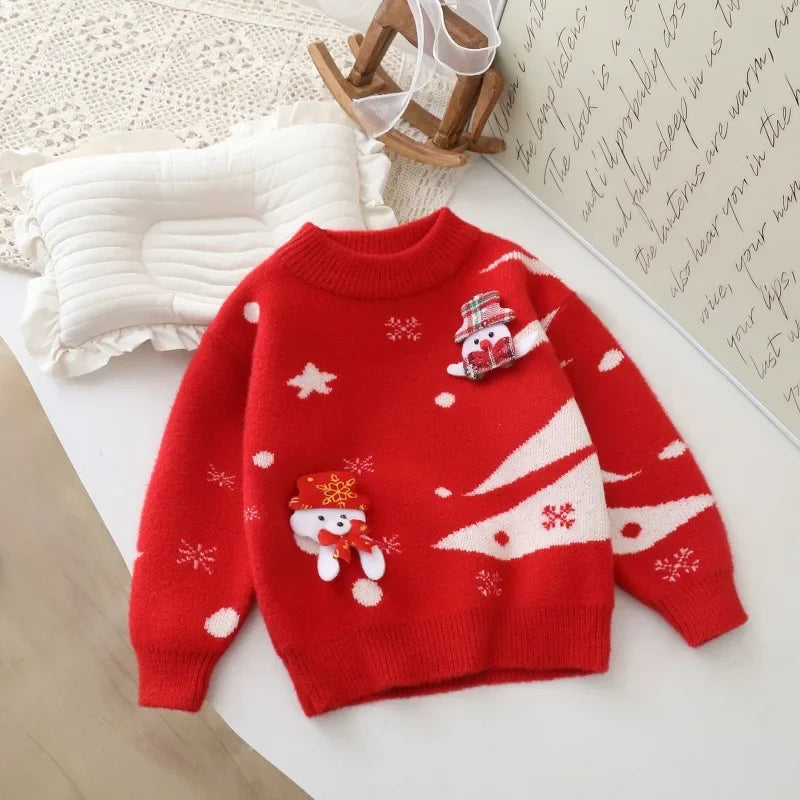 Kids Round Neck Christmas Tree Design Winter Sweater