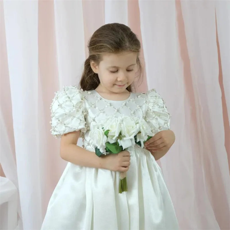 White Satin Pretty Princess High Waist Bridesmaid Gowns for Girls childrensterritory