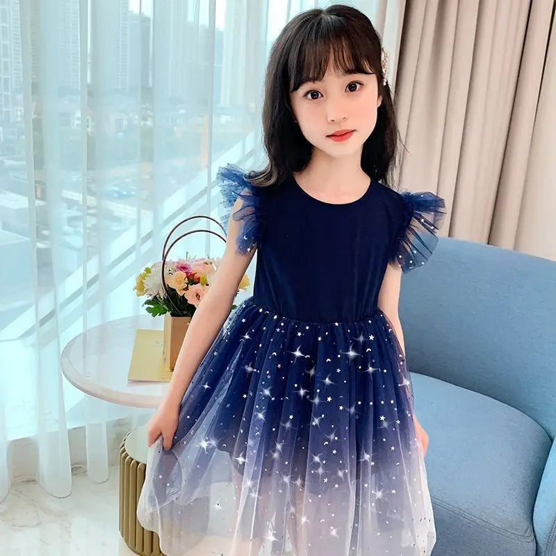 Sleeveless Mesh Lace Layers Star Design Girls Princess Dress