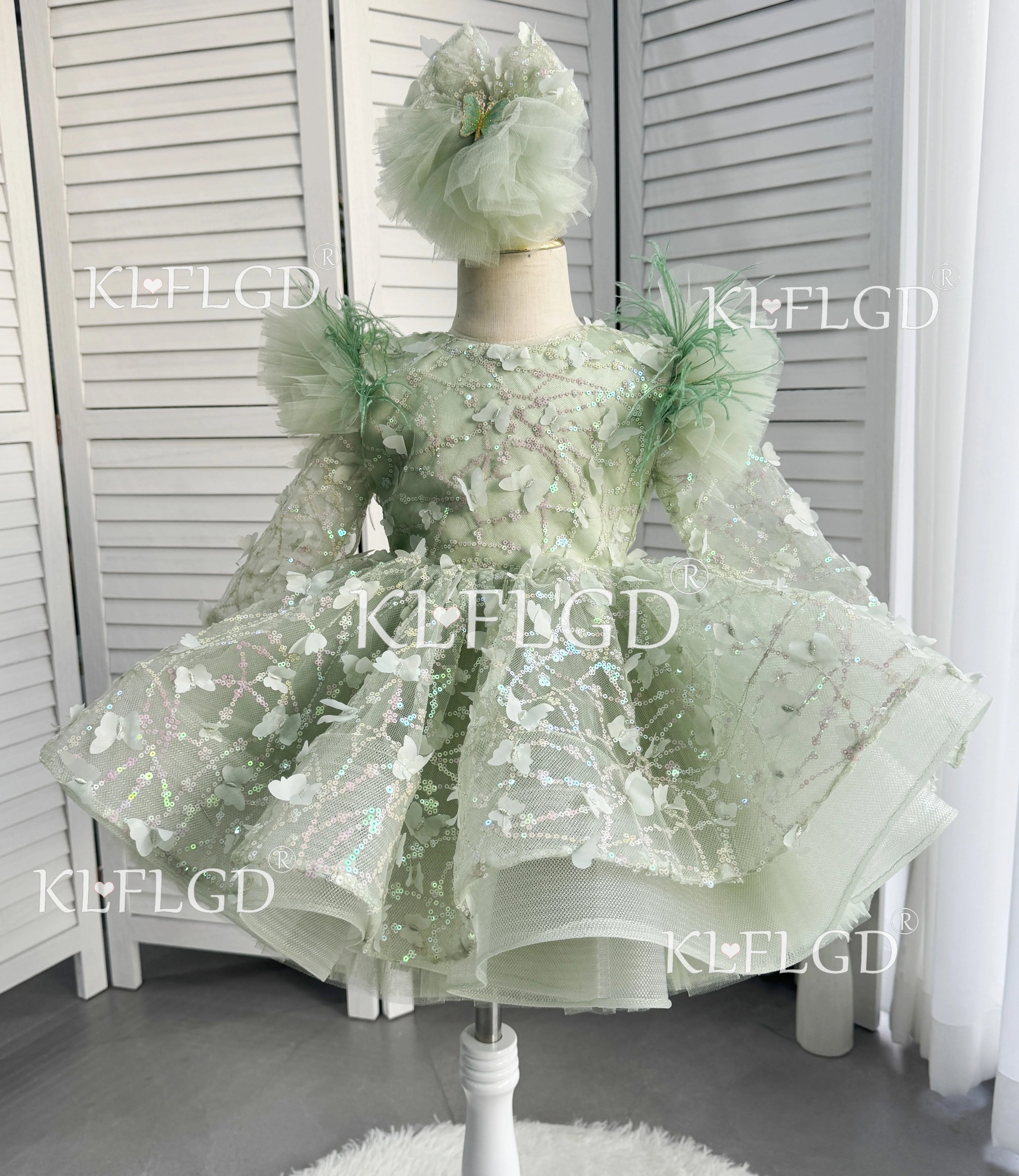 Girls Long Sleeves Butterfly Design Fluffy Party Dresses