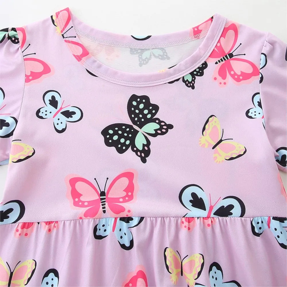 Colorful Butterfly Print Kids Girls' Light Purple Cotton Dress