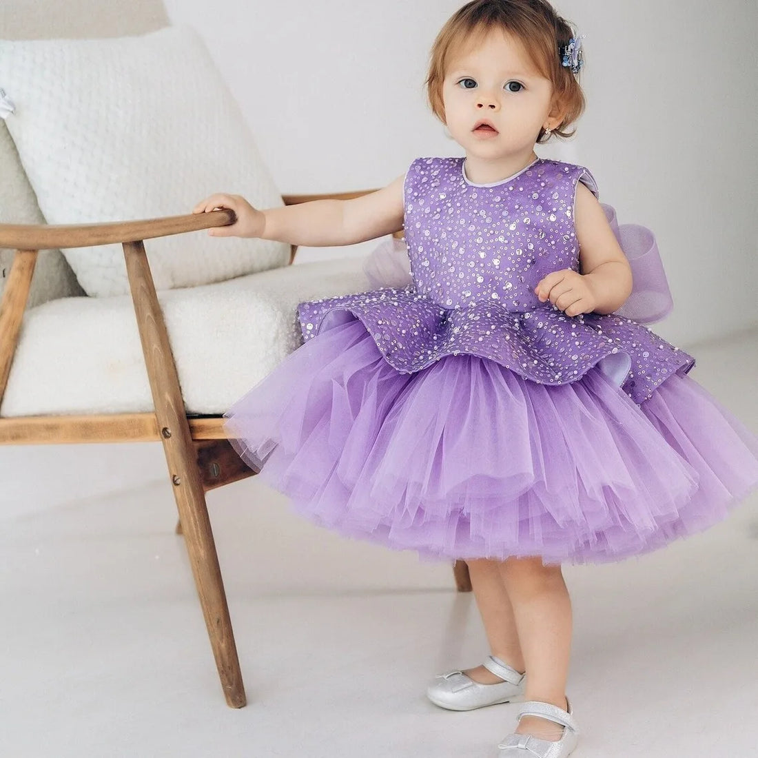 Little Girl Glitter Puff Organza Applique Birthday Party Gown