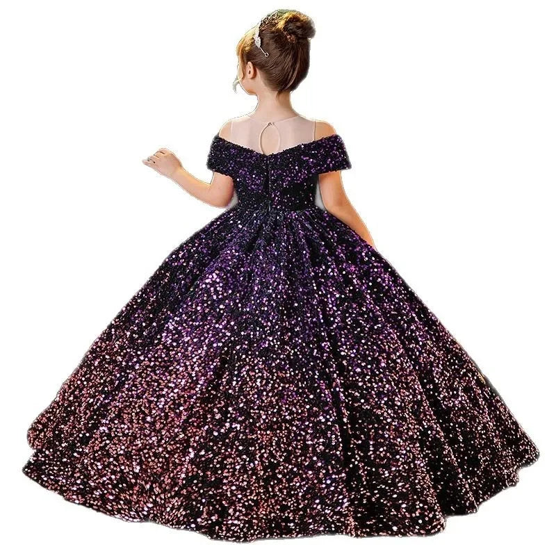 Little Girl Deep Purple Sequin Luxury Gowns/Party Dresses