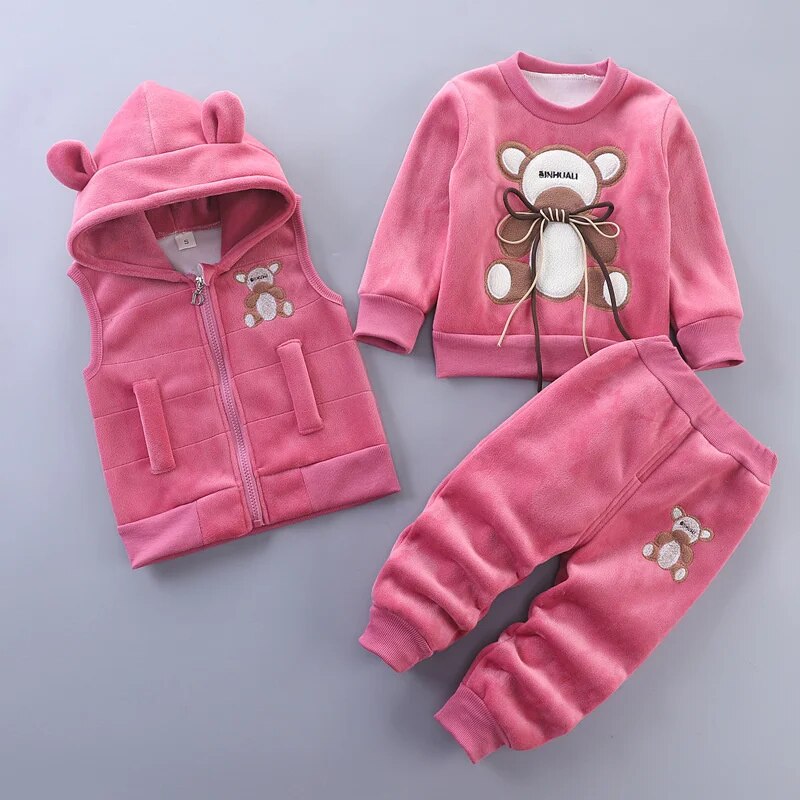 Baby Fleece Cartoon Bear Design, 3 Pieces Warm Clothing Set childrensterritory