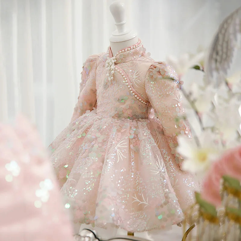 Luxury Elegant Deisgn Sequin Pink Little Girls Christening Gowns childrensterritory