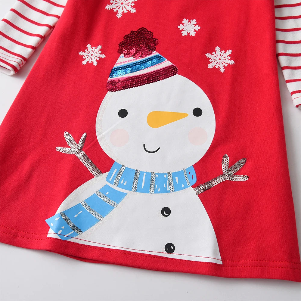 Cute Girls Long Sleeve Stripes Snowman Printed Dress childrensterritory