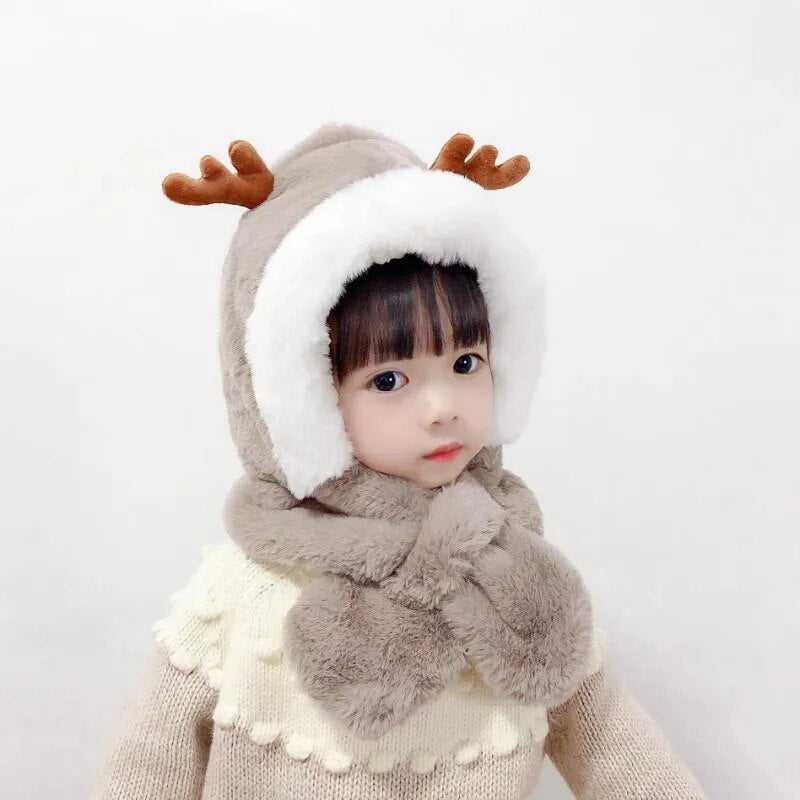 All In One Plush Windproof Deer Warm Hats for Kids childrensterritory