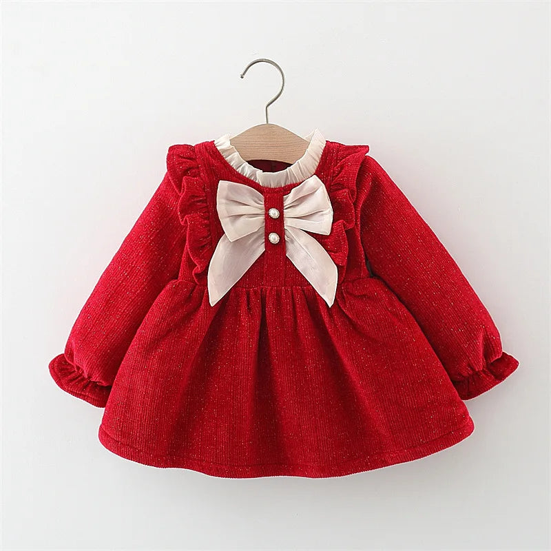Baby Girls' Long-Sleeved Bow Design Winter Dresses