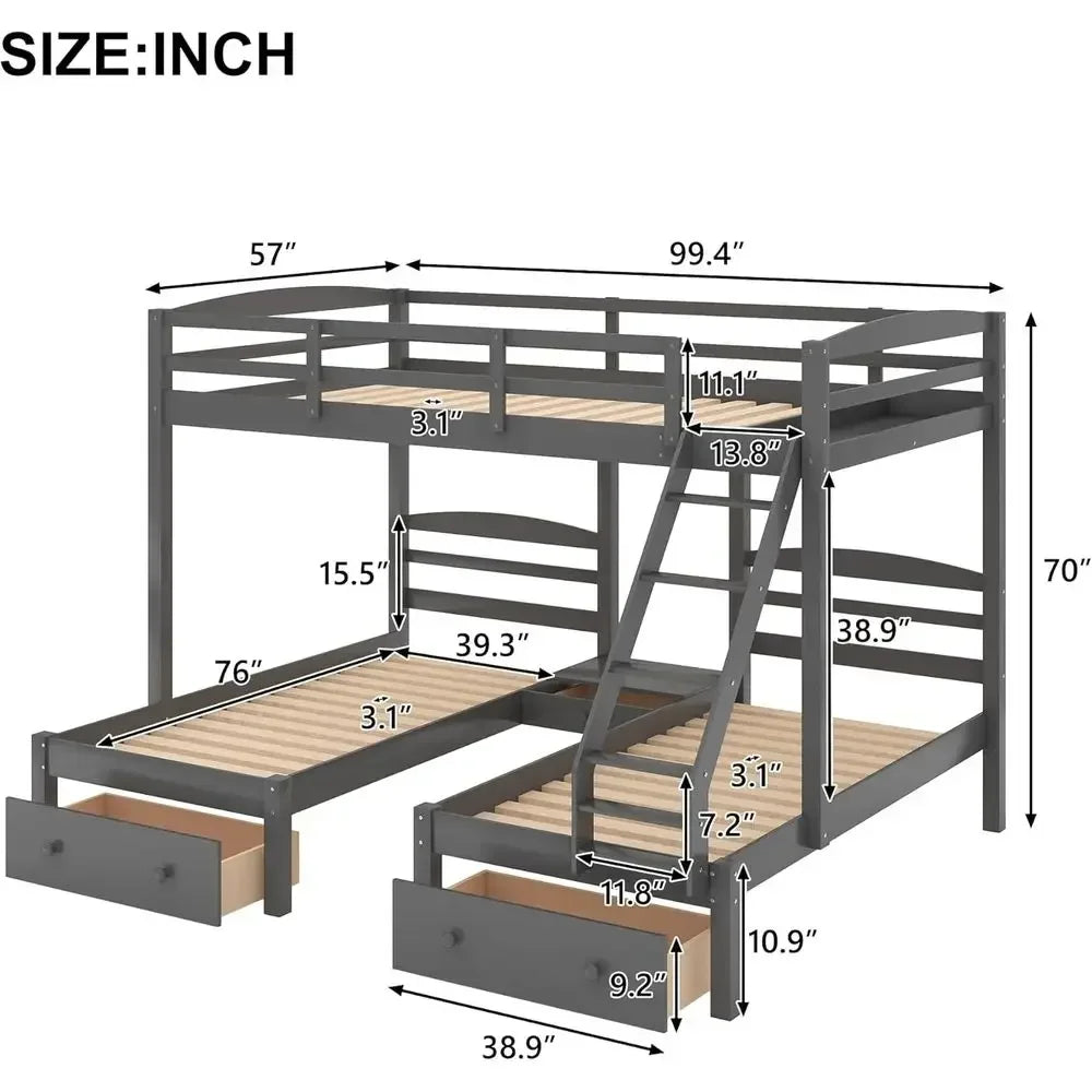 Full Over Triple Bunk Bed with Drawers and Guardrails