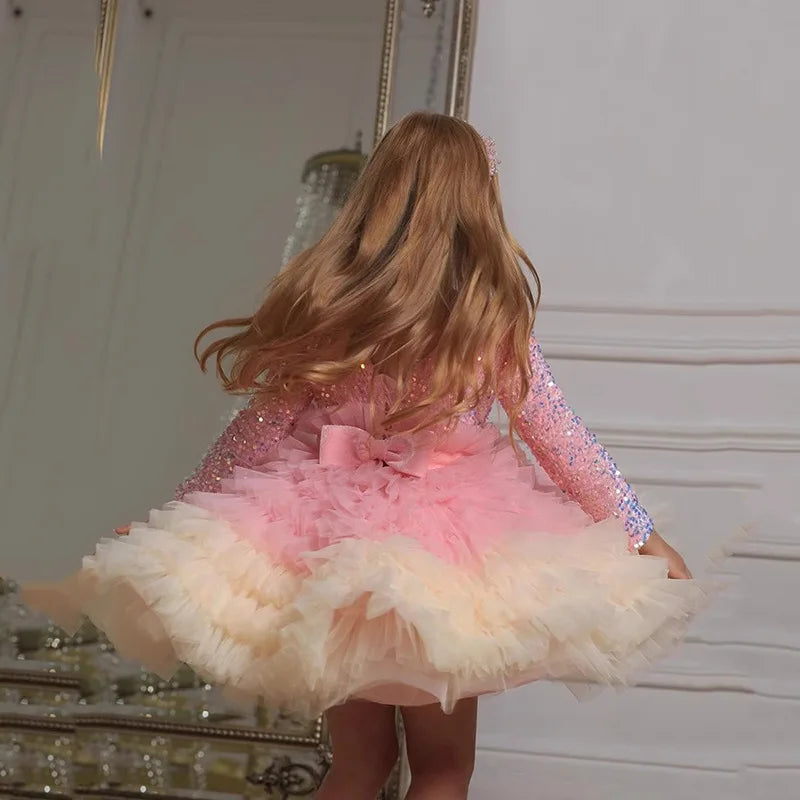 Glitter Sequin Puffy Tiered Tulle Princess Party Dress for Girls